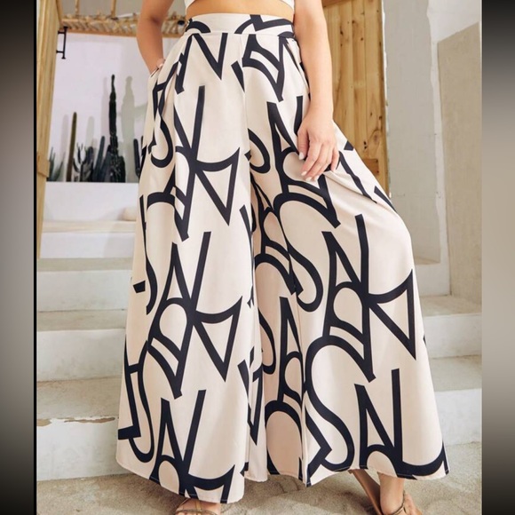 Plus Size Boho Alphabet Letter Print Pocket High Waist Wide Leg Palazzo Pants - Picture 5 of 6